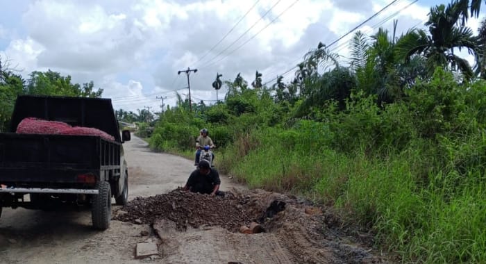 Kondisi jalan yang sedang di perbaiki oleh PT. Felda Indo Mulia demi kenyamanan masyarakat